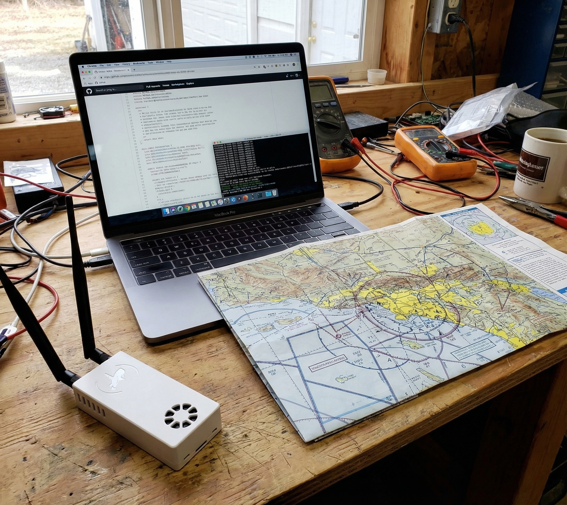 White Stratux ADS-B receiver on workbench with GitHub code and sectional aeronautical chart
