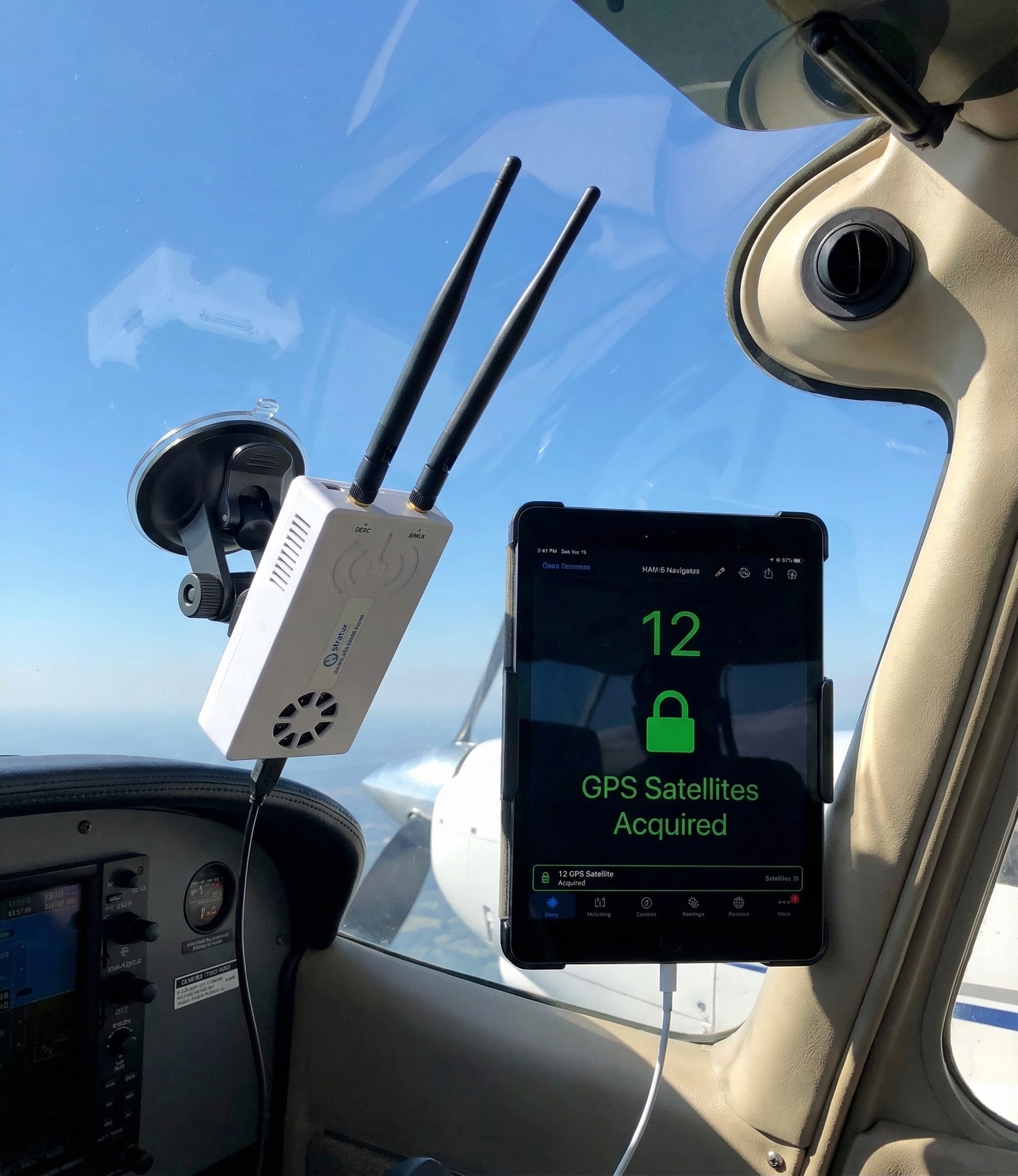 Stratux ADS-B receiver suction-cup mounted on aircraft windshield with iPad showing 12 GPS satellites acquired